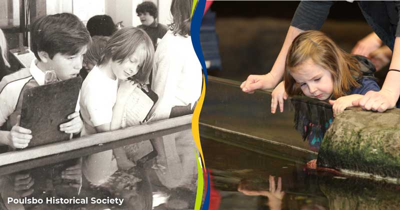 Children from the past looking in the SEA Discovery Center touch tanks then and now, split image